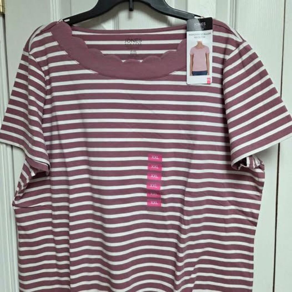 Jones New York womens xxl scallop neck tee mauve and white striped new